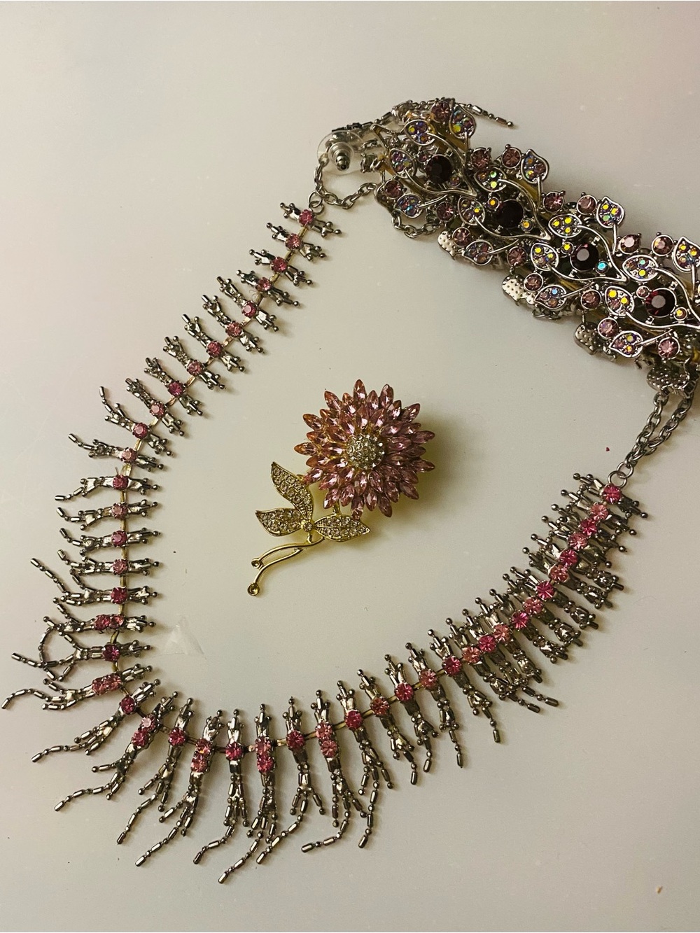 Elegant Pink Crystal Fringe Necklace with Floral Brooch and Silver tone Bracelet